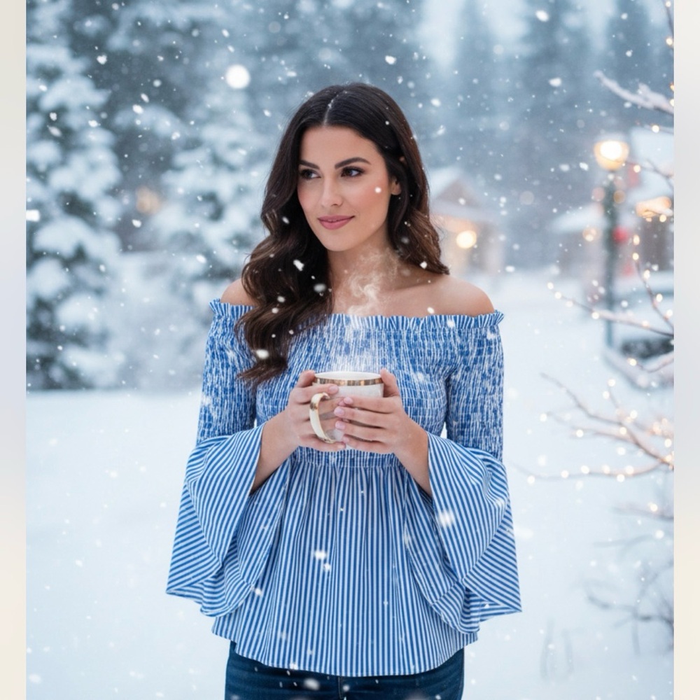 Gracia Off-Shoulder Blue Striped Blouse